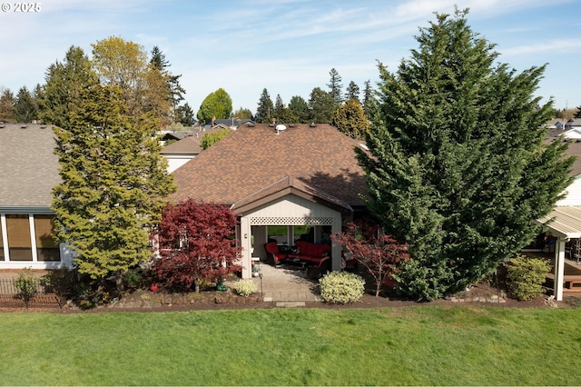 2037 NE 158th Pl, Portland, OR 97230 - view of front of home featuring a patio, a front lawn, and roof with shingles