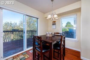 dining space featuring dark hardwood / wood-style flooring, an inviting chandelier, and plenty of natural light