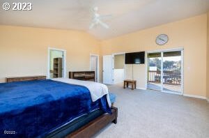 bedroom featuring lofted ceiling, carpet flooring, ceiling fan, and access to outside