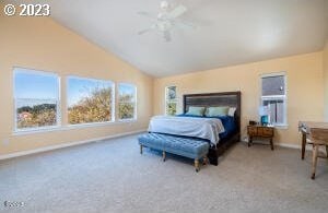 carpeted bedroom with vaulted ceiling and ceiling fan