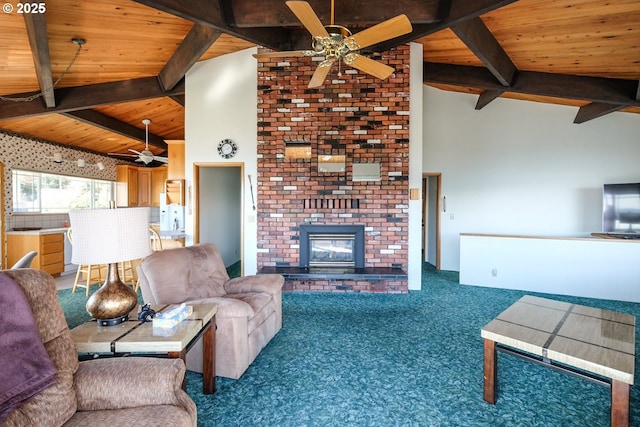 living room with wood ceiling, ceiling fan, a fireplace, beam ceiling, and carpet