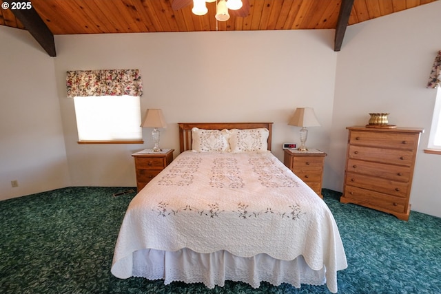 bedroom featuring wooden ceiling, beamed ceiling, and dark colored carpet