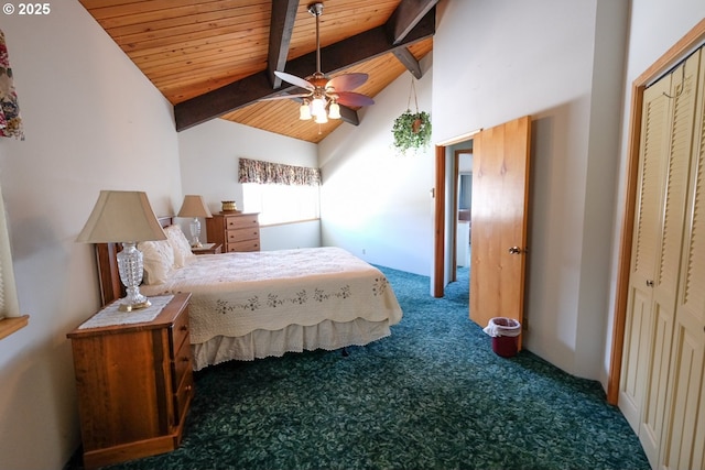 carpeted bedroom featuring a ceiling fan, lofted ceiling with beams, wood ceiling, and a closet