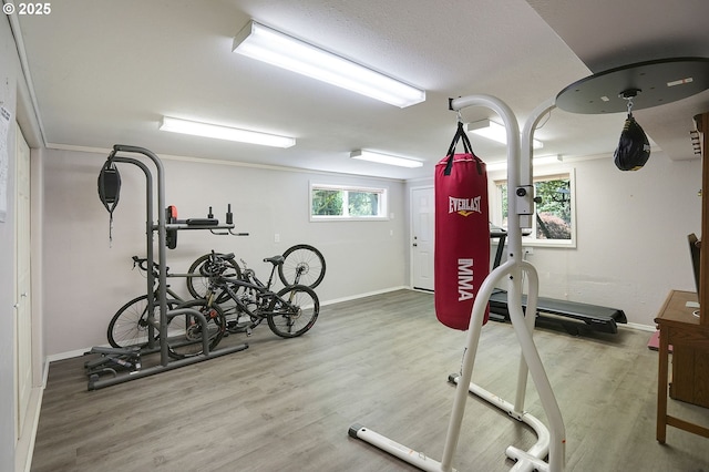 exercise area featuring wood finished floors and baseboards