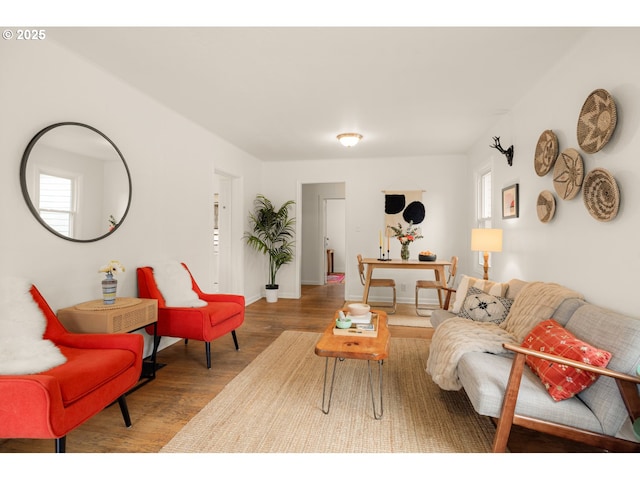 living area featuring baseboards and wood finished floors
