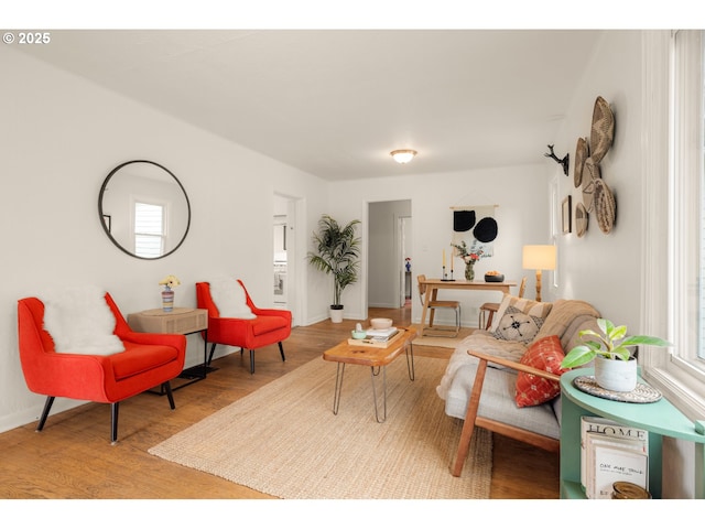 living room with baseboards and wood finished floors