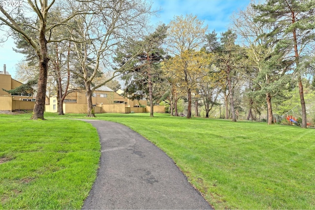 view of property's community with fence and a lawn