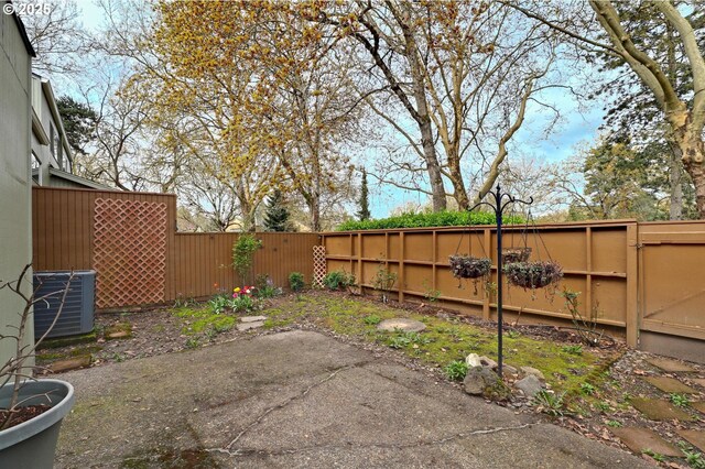 view of yard featuring a patio area, central AC unit, and a fenced backyard