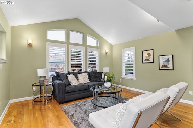 living room featuring wood-type flooring and lofted ceiling