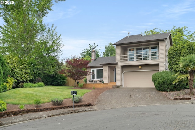 16190 SW Theresa Ct, Beaverton, OR 97007 - view of front of house featuring asphalt driveway, a balcony, a garage, a front yard, and a chimney