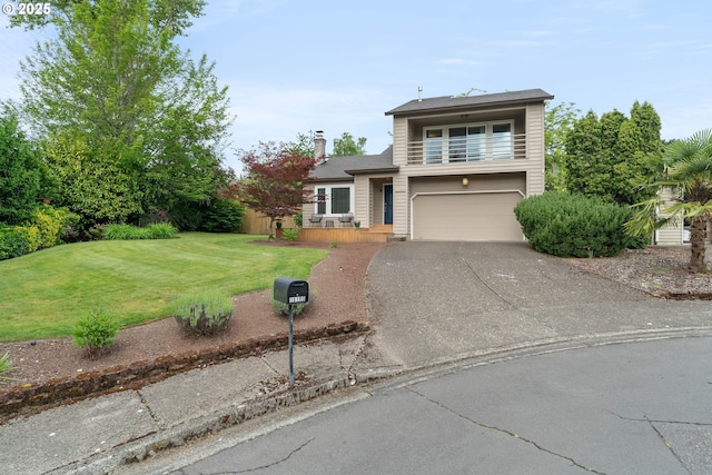 16190 SW Theresa Ct, Beaverton, OR 97007 - view of front of house featuring driveway, a garage, a front lawn, a chimney, and a balcony