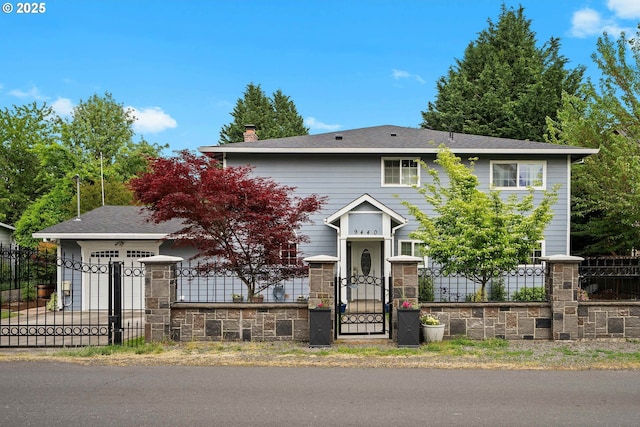 view of front of property with a gate, a fenced front yard, stone siding, and a chimney