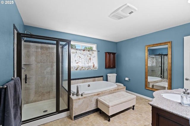 full bathroom with a stall shower, a bath, vanity, and baseboards