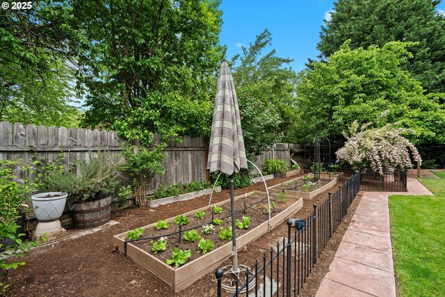 view of yard with a vegetable garden and fence