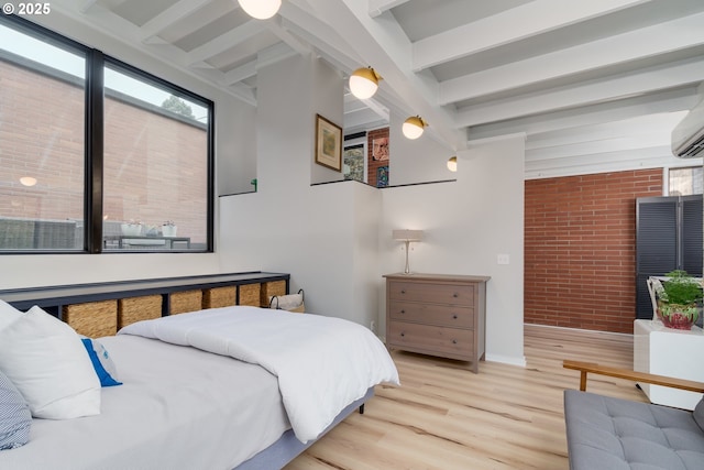 bedroom featuring hardwood / wood-style flooring, brick wall, and beam ceiling