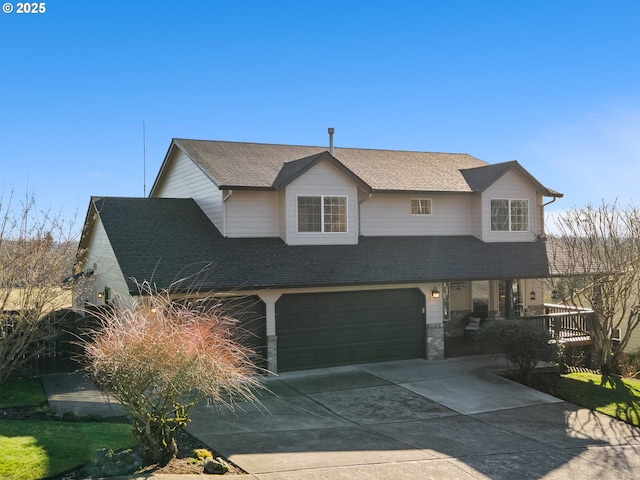 view of front of property with an attached garage, driveway, a shingled roof, and brick siding