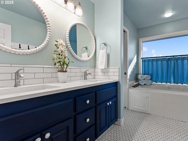 1617 NE 1st St, Battle Ground, WA 98604 - bathroom with double vanity, decorative backsplash, and tile patterned flooring
