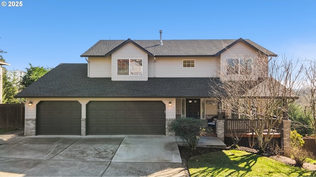 view of front facade featuring driveway, a shingled roof, a porch, and fence