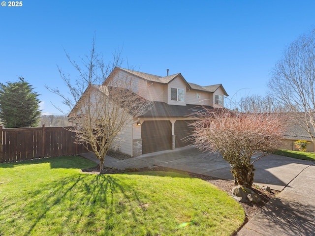 exterior space with driveway, roof with shingles, an attached garage, fence, and a front lawn