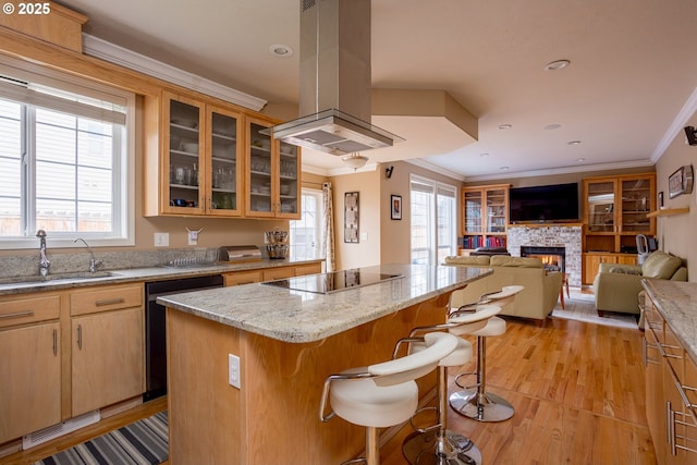 kitchen with sink, crown molding, a center island, island range hood, and black appliances