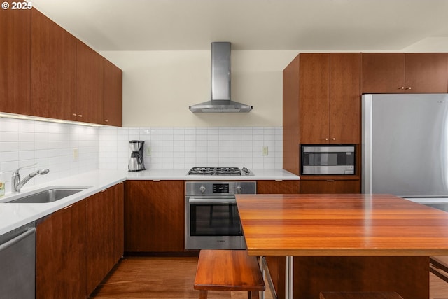 kitchen with wall chimney range hood, decorative backsplash, stainless steel appliances, and sink