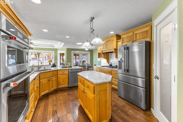 kitchen with dark wood-style floors, appliances with stainless steel finishes, a peninsula, a tray ceiling, and a sink