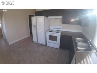 kitchen with white electric range, ventilation hood, sink, and dark colored carpet