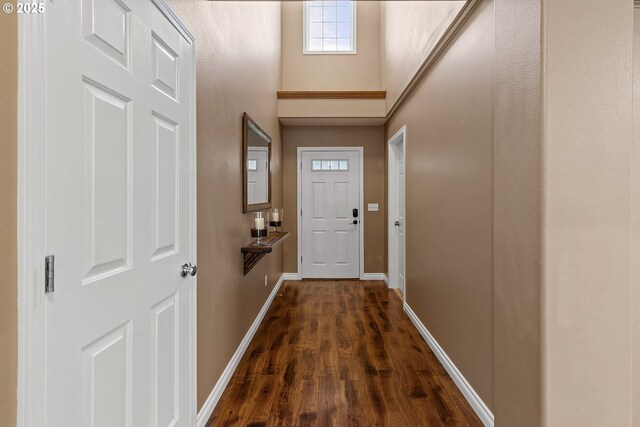 entryway featuring baseboards, dark wood finished floors, and a towering ceiling