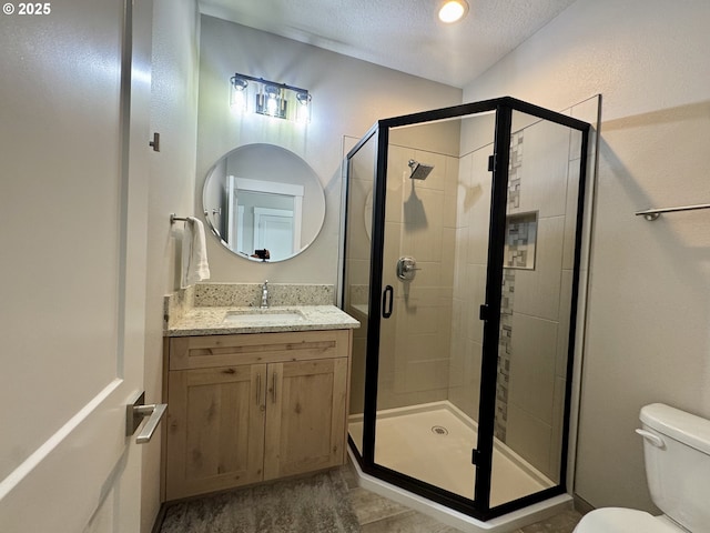 6604 NE Logan Rd, Lincoln City, OR 97367 - bathroom with vanity, a textured ceiling, and a stall shower