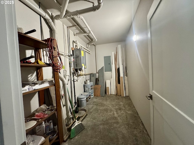 6604 NE Logan Rd, Lincoln City, OR 97367 - corridor featuring electric panel, unfinished concrete flooring, and water heater