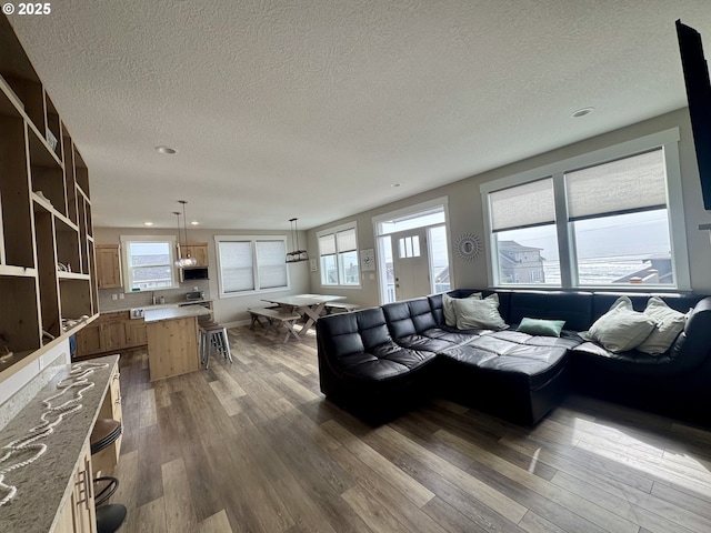 6604 NE Logan Rd, Lincoln City, OR 97367 - living room with dark wood-type flooring, a textured ceiling, and recessed lighting