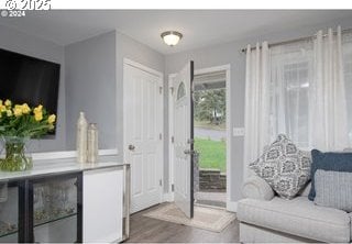 doorway with wood-type flooring