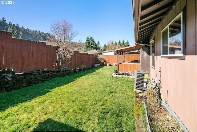 view of yard featuring central AC and a fenced backyard