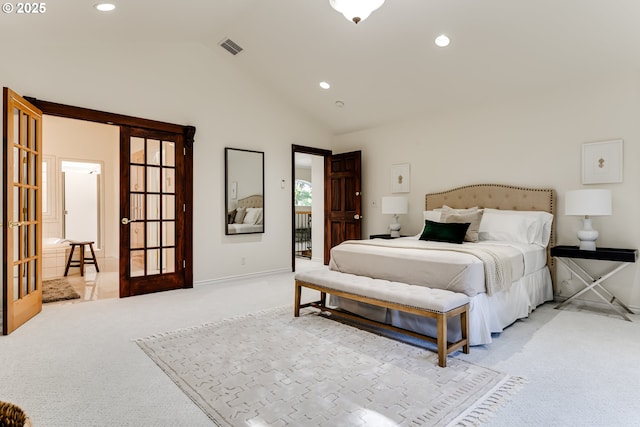 27161 Briggs Hill Rd, Eugene, OR 97405 - bedroom featuring carpet flooring, vaulted ceiling, french doors, recessed lighting, and baseboards