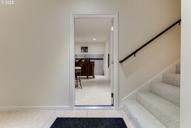 27161 Briggs Hill Rd, Eugene, OR 97405 - staircase with tile patterned floors, baseboards, and recessed lighting