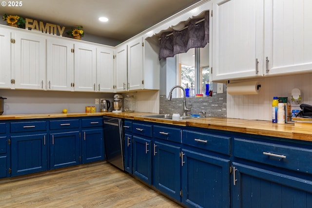 78613 Powerline Rd, Hermiston, OR 97838 - kitchen featuring blue cabinetry, butcher block countertops, white cabinetry, dishwasher, and recessed lighting