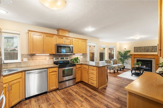 kitchen with decorative backsplash, a peninsula, dark wood-style floors, and appliances with stainless steel finishes