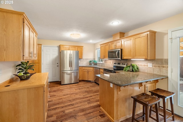 kitchen with wood finished floors, a peninsula, a sink, stainless steel appliances, and backsplash