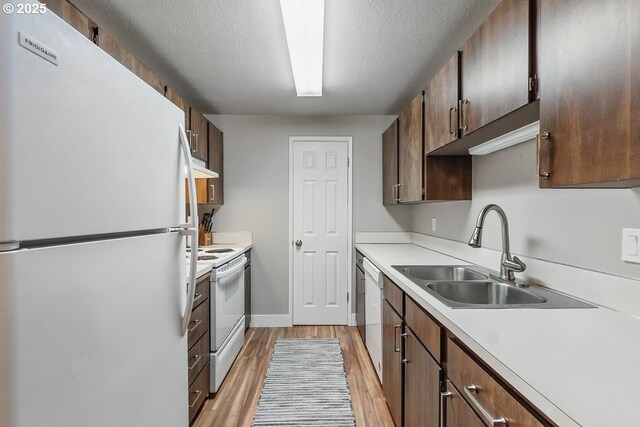1100 N Meridian St Unit 46, Newberg, OR 97132 - kitchen with white appliances, light wood-type flooring, light countertops, under cabinet range hood, and dark brown cabinets