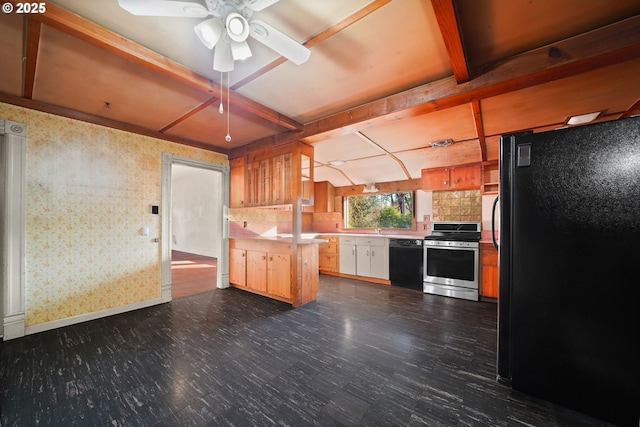 kitchen with black appliances, kitchen peninsula, beamed ceiling, ceiling fan, and backsplash