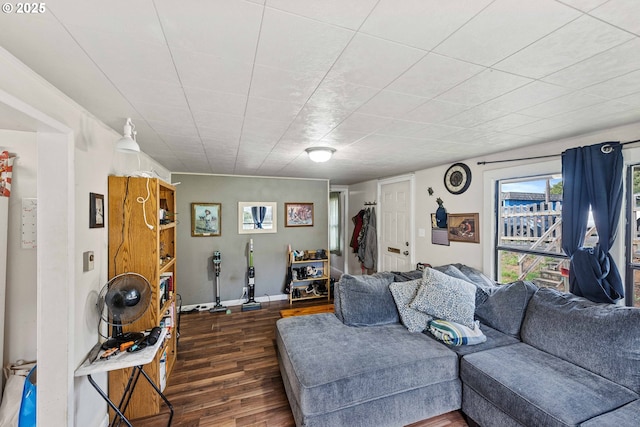 living area featuring baseboards and dark wood-style flooring