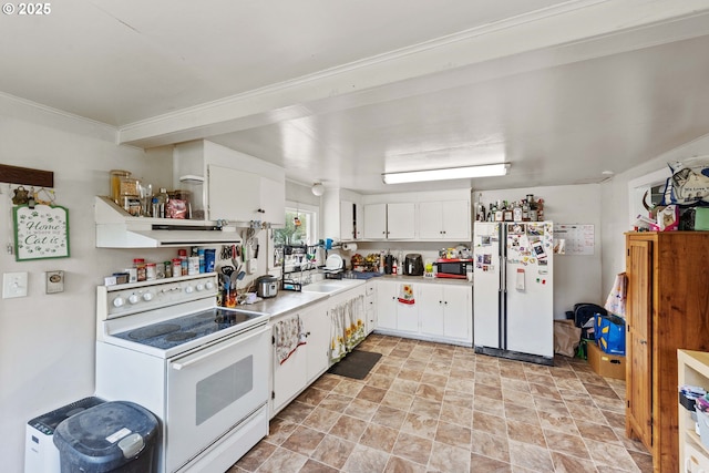 kitchen featuring white appliances, open shelves, a sink, light countertops, and white cabinetry