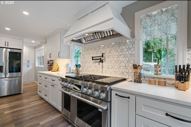 kitchen featuring premium range hood, dark wood-style flooring, white cabinets, appliances with stainless steel finishes, and tasteful backsplash