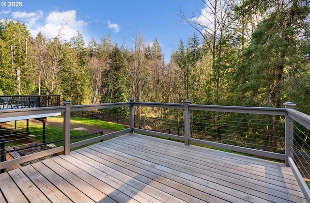 wooden deck with a wooded view