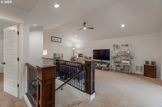 5786 NW Hood Loop, Camas, WA 98607 - carpeted living area featuring lofted ceiling, a ceiling fan, and recessed lighting