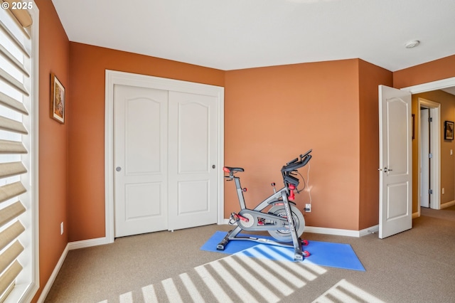 exercise area featuring baseboards and carpet