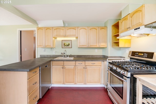 6308 SE 93rd Ave, Portland, OR 97266 - kitchen featuring a sink, appliances with stainless steel finishes, light brown cabinets, and under cabinet range hood
