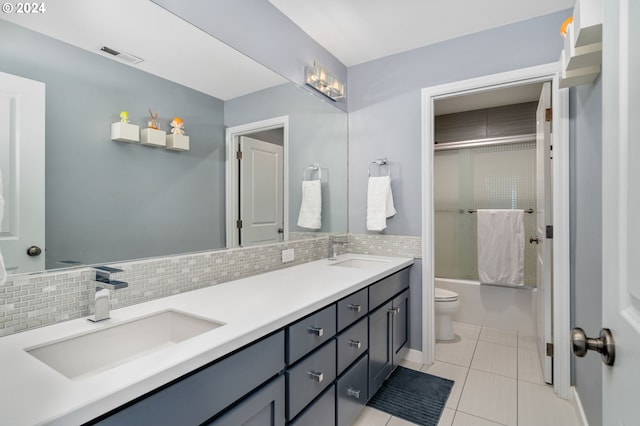 full bath with visible vents, toilet, decorative backsplash, and a sink