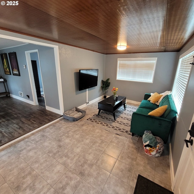 1875 W 18th Ave, Eugene, OR 97402 - living room featuring tile patterned flooring, wooden ceiling, and a wealth of natural light
