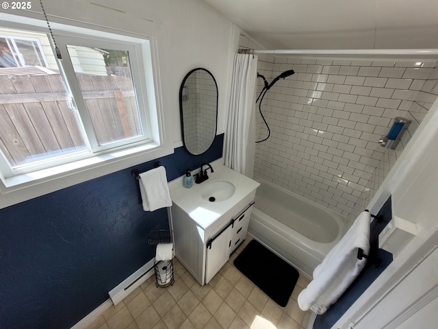 1875 W 18th Ave, Eugene, OR 97402 - full bath with tile patterned flooring, shower / bath combination with curtain, vanity, baseboards, and a baseboard radiator